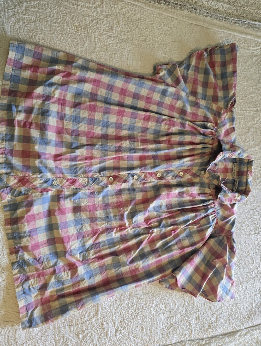 Vintage Liz Claiborne Gingham Cotton Blouse With Short Flutter Sleeves